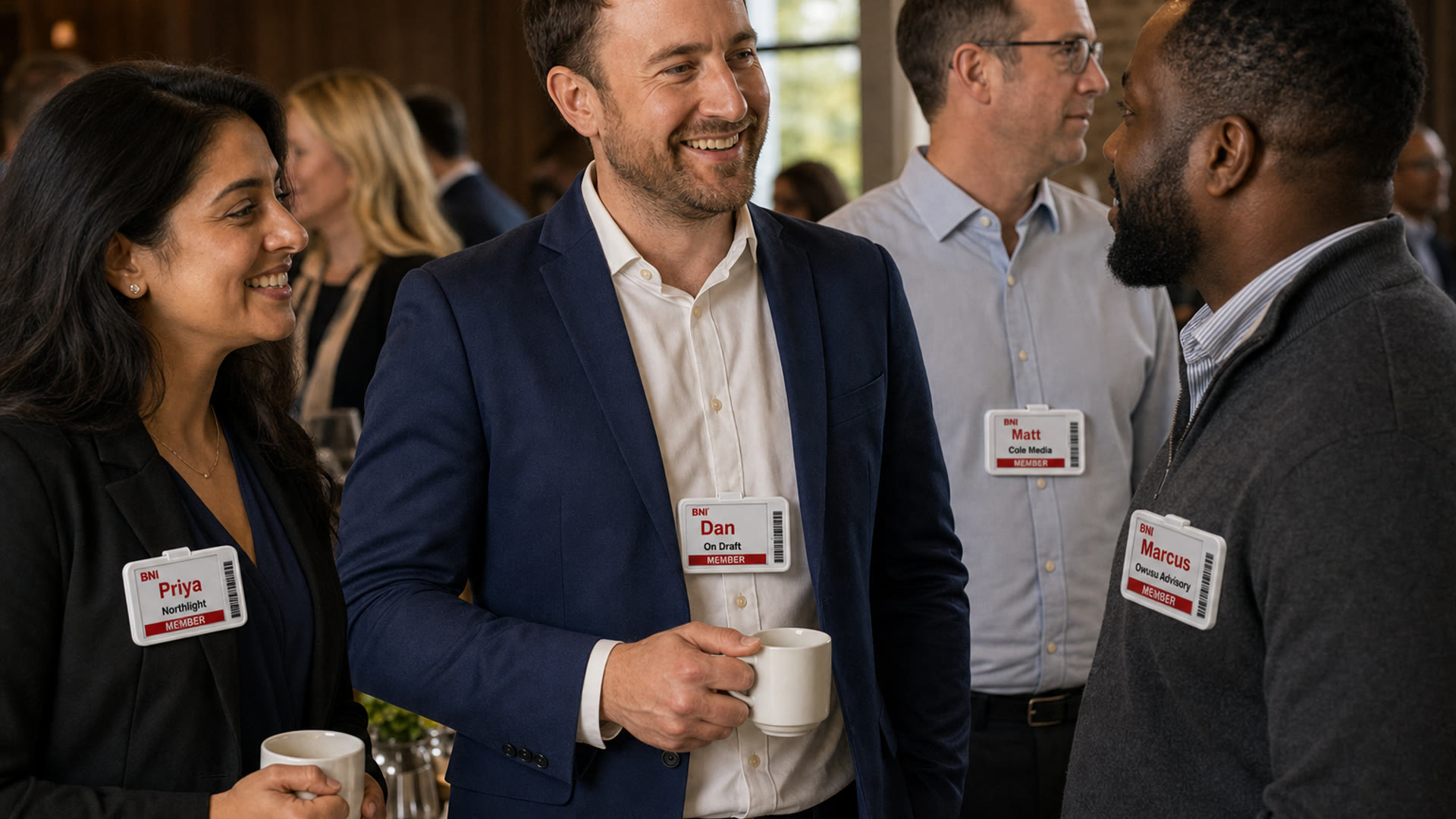 Networking breakfast with people wearing e-ink badges
